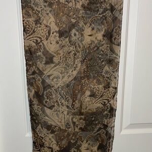 Scarf…rectangle…7.75” X 60” A neutral array of tan to dark brown & dusty blue.